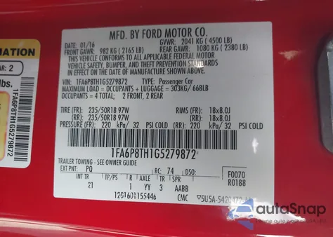 2016 Ford Mustang Ecoboost from USA, damaged, VIN 1FA6P8TH1G5279872